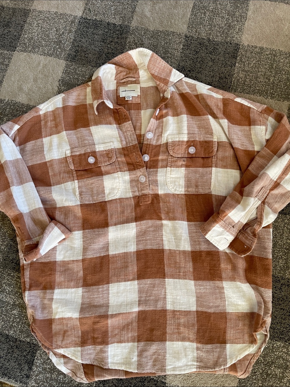American Eagle Outfitters Camel and Cream Plaid 1/4 Button-Down Shirt